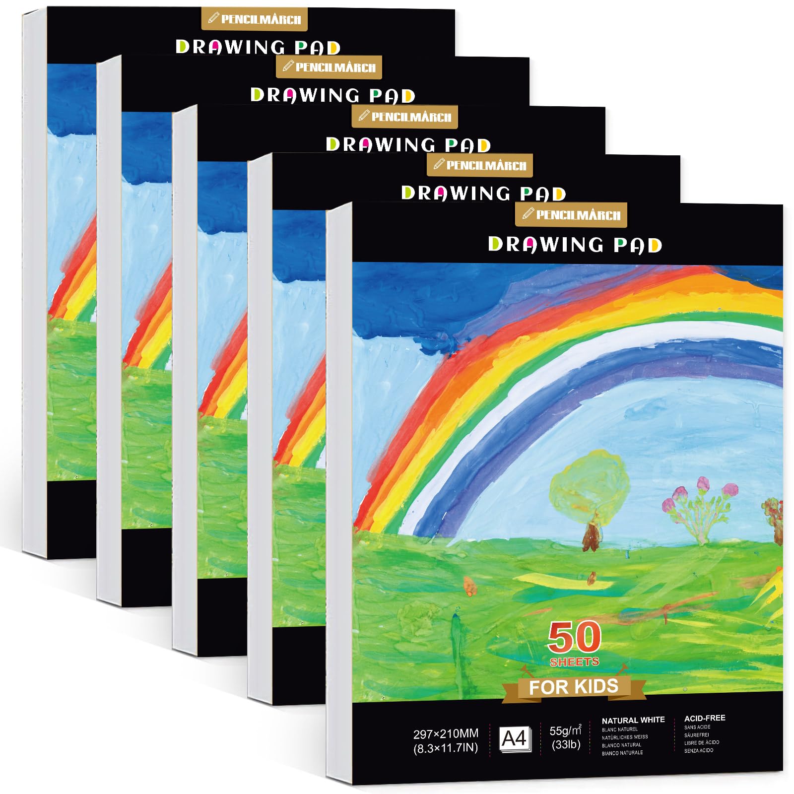 PENCILMARCH A4 Drawing Pad for kid – 5 Pack (250 Sheets in Total), Sketch Pad and Colouring Book for kid, Teen Arts and Craft Activities