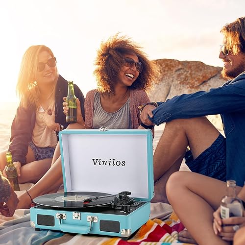 Miniatura 6 de Portable Retro Bluetooth Vinyl Record Player with Hi-Fi Sound, USB Recording, 3-Speed Belt-Drive Turntable, Built-in Stereo Speakers, RCA Output,