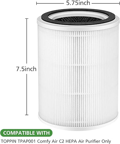 Miniatura 5 de Filtro de repuesto TPAP001, solo compatible con el purificador de aire TOPPIN TPAP001 Comfy Air C2, filtración eficiente 3 en 1 para filtro TOPPIN