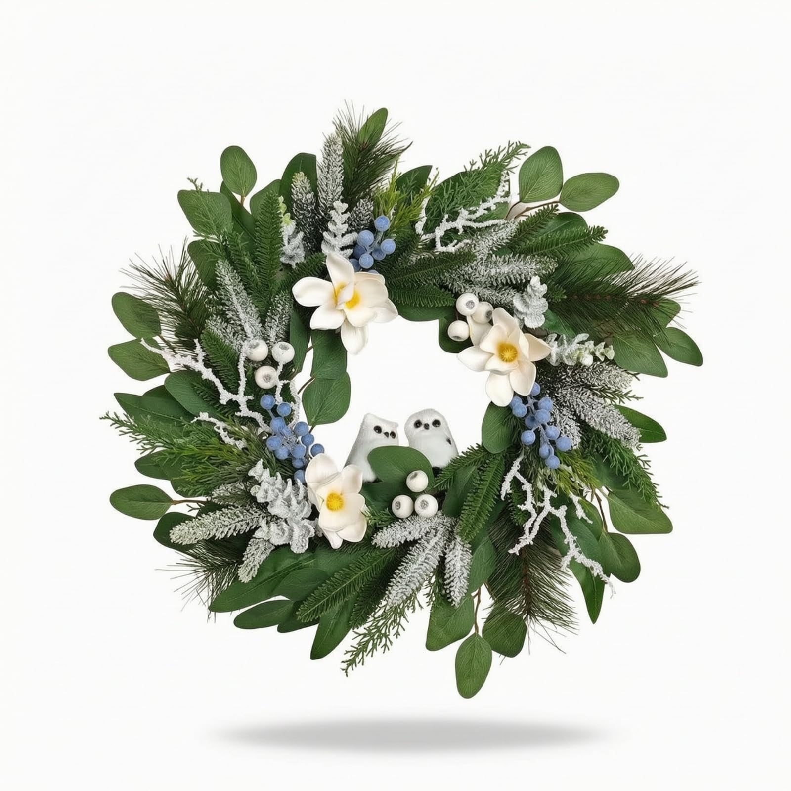 F Fityle Guirnalda para Puerta Guirnalda Corona Adorno Navideño Arreglo con Frutas Decorativas y Flores Suaves de Tela Seda, Guirnalda De Flores con Búhos