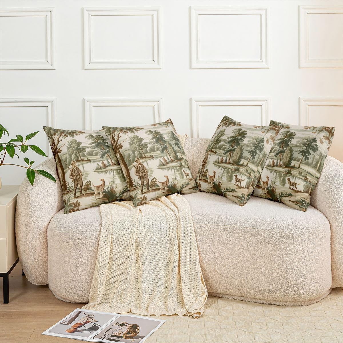 Erosebridal Vintage Set of 2 Throw Pillow Cover 22x22 Hunting Fishing Cushion Cover Cute Dog Wildlife Trees Cushion Case Nature Landscape Decorative Pillowcase