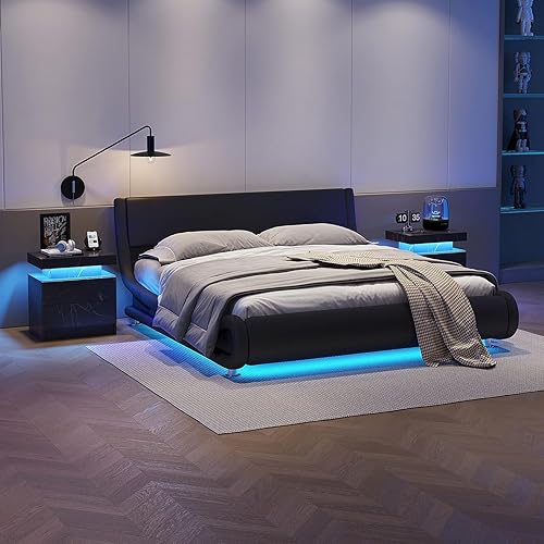 Miniatura 6 de Yoluckea Mesita de noche LED para dormitorio moderna de madera de alto brillo 2 cajones mesita de noche blanca con tapa abatible compartimento de