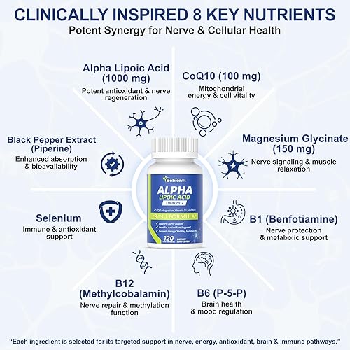 Miniatura 2 de Ácido alfa lipoico 1000 mg (ALA) con benfotiamina B1, B12, CoQ10 y selenio Apoya la salud nerviosa, la energía y el metabolismo 120 cápsulas (120