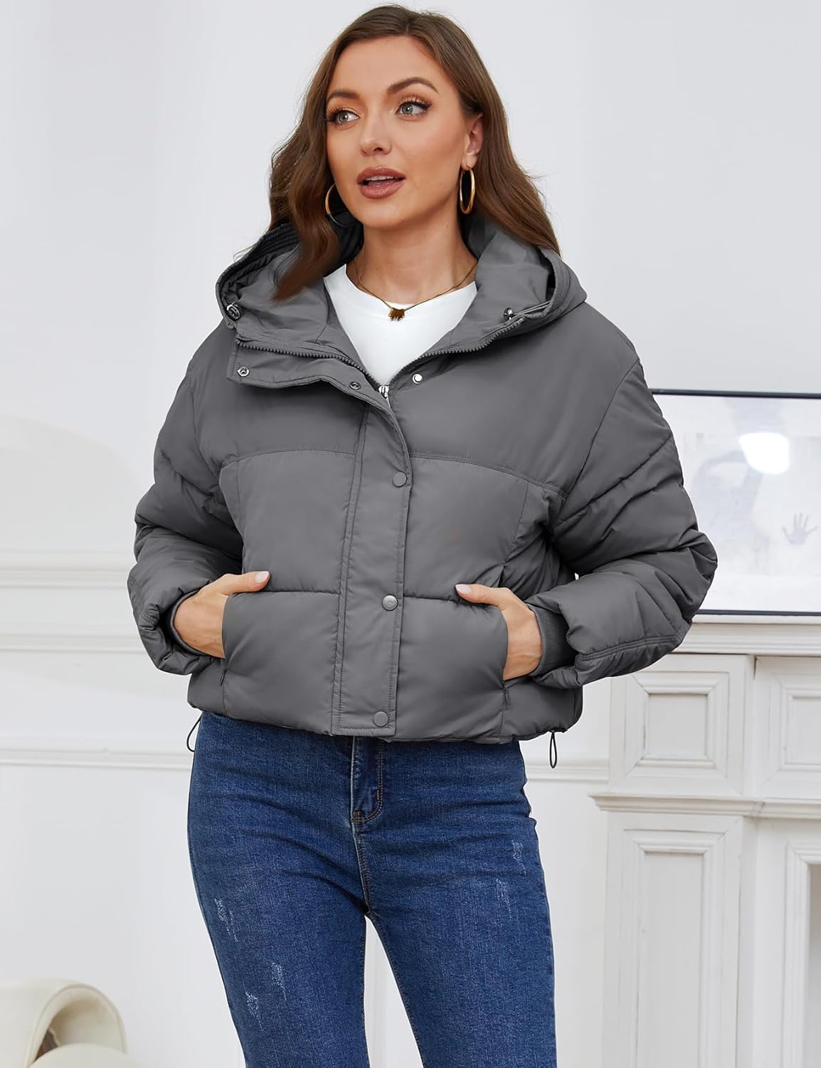 Yimoon Womens Winter Cropped Puffer Jacket Hooded Zip Up Short Warm Quilted Puffer Coat Outerwear - Image 3