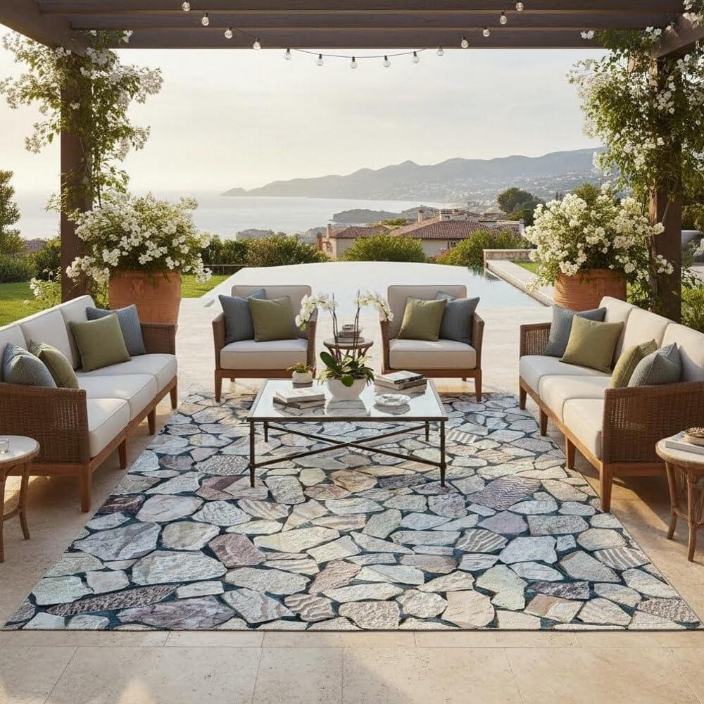 Rustic Grey Brown Faux Rock Tile 4x6 Outdoor Rugs for Patios Balcony Deck Garden Camping Beachside Porch Natural Stones Theme Thin Non Slip Waterproof Quick Dry Comfort Art Decor Carpets