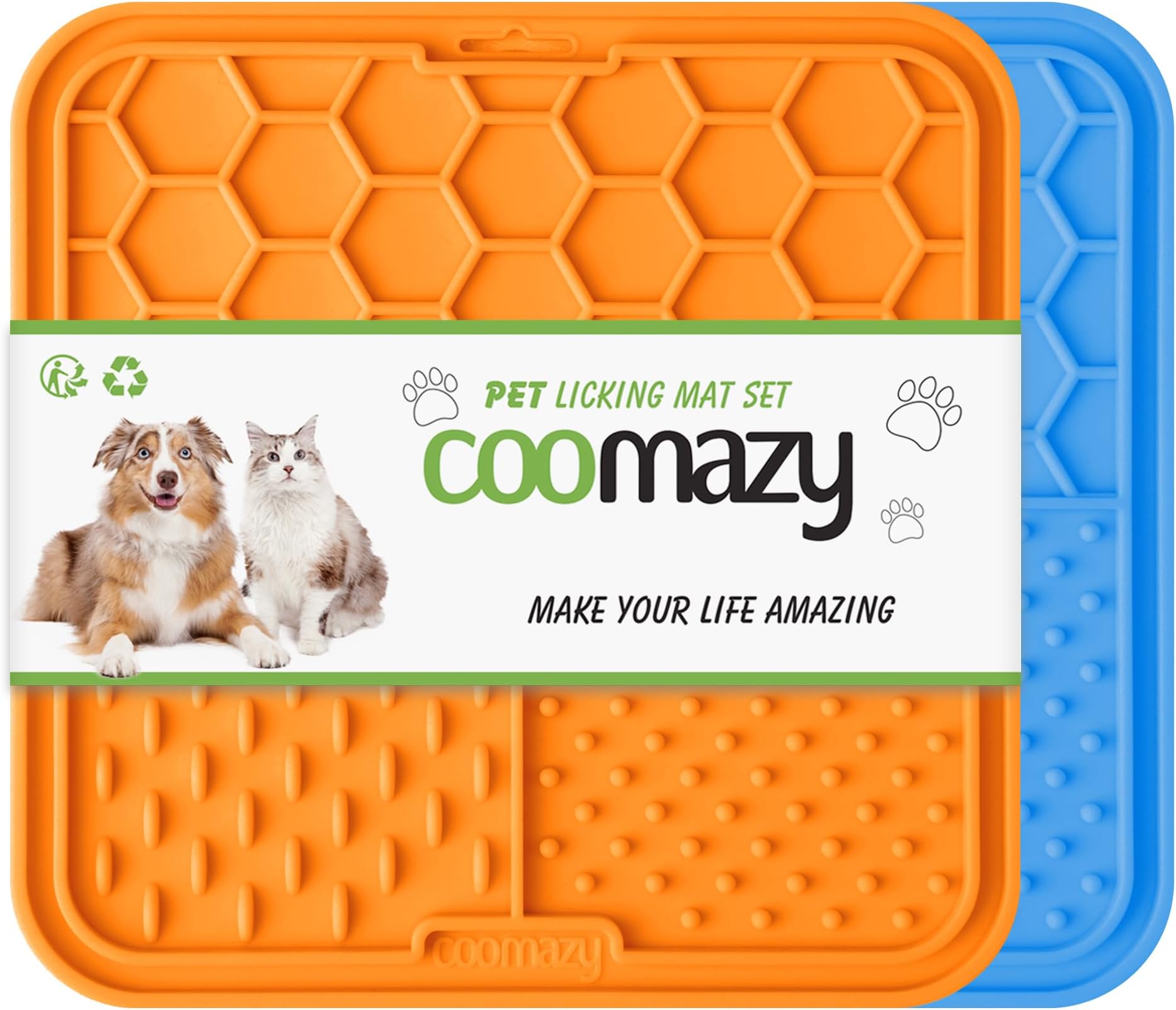 Coomazy 2-Pack Lick Mat for Cat Puppy, Slow Feeder & Non-Slip Design, Boredom and Anxiety Reducer, Suitable for Yogurt, Peanut Butter and Liver Paste, BPA-Free, Non-Toxic (Blue/Orange)