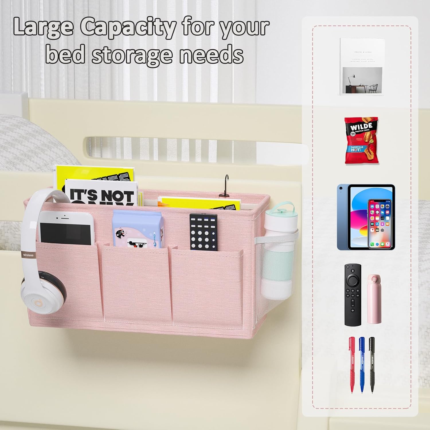 Dual-purpose Bedside Caddy Bedside Organizer, Bed Caddy with 6 Pockets, Versatile Bedside Storage Solution Magazine Remotes holder, ideal for Home, Dorm, Hospital, Crib Bed (Pink) - Image 5