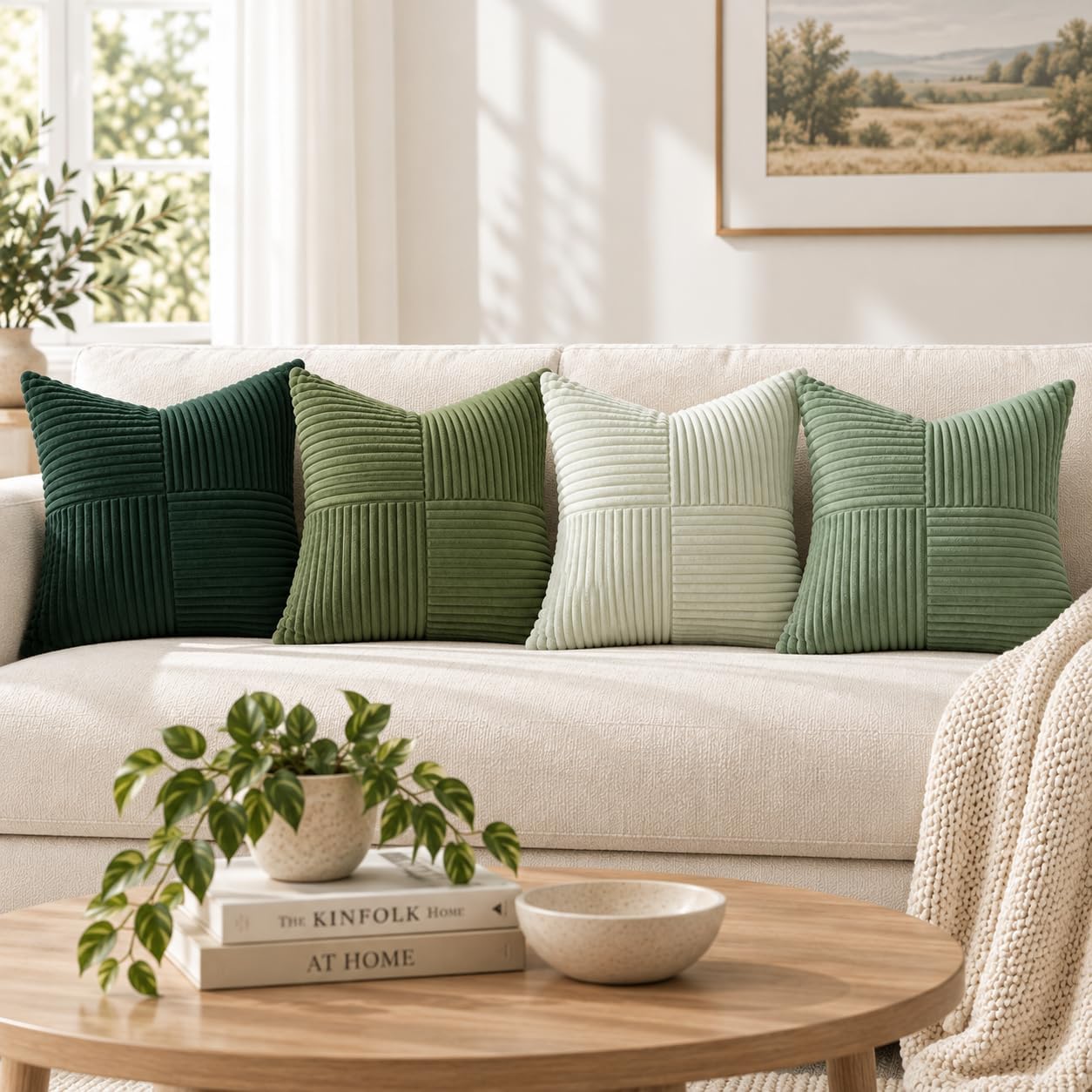Topfinel SageGreen Pillow Covers,Boho Farmhouse 24x24 Inch Cushion Covers Set of 4,Large Soft Corduroy Home Decor for Couch Bed Sofa Living Room LightGreen,MossGreen image 3