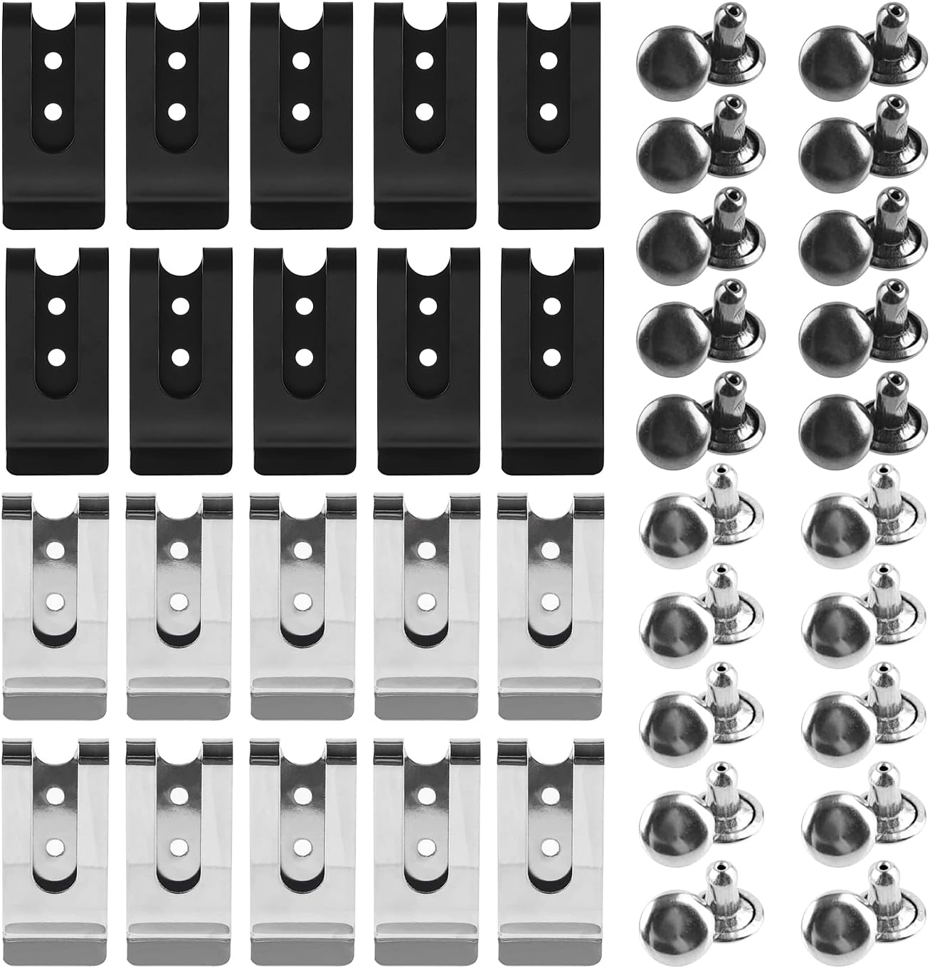 WXJ13 20 Pieces Holster Sheath Clip Buckle Clip Holster Sheath Metal Mini Spring Buckle Hook Double Holes Belt Clip with 20 Pairs Rivets for Pouches Belt Bag Leather Crafts DIY (Black and Silver)