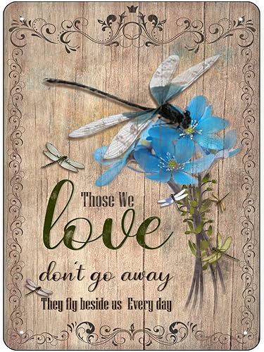 Cartel de hojalata vintage con texto en inglés "Dragonfly Those We Love Don't Go Away" (texto en inglés «Those We Love Don't Go Away»)