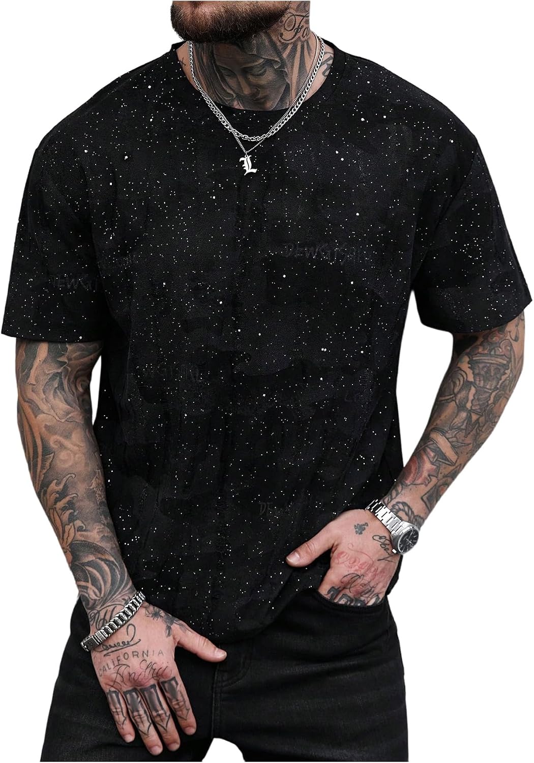 SOLY HUX Men's Glitter T Shirt Short Sleeve Crew Neck Tee Casual Summer Tops Streetwear