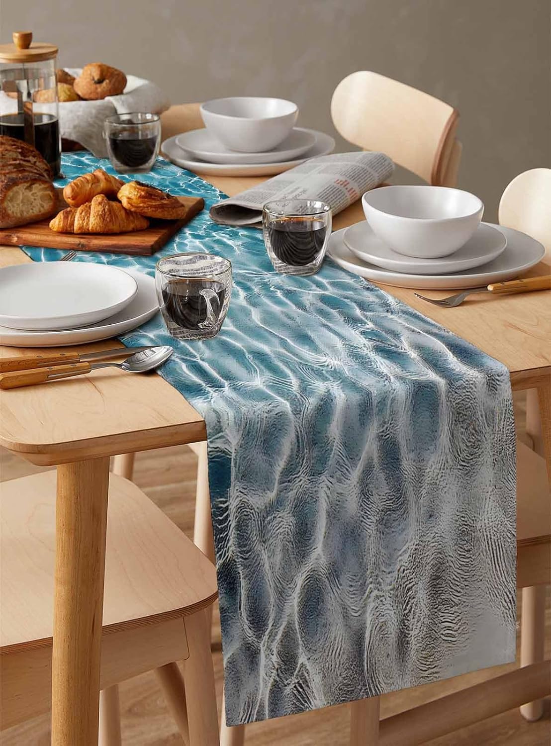 Blue Yellow Cotton Linen Table Runner Dresser Scarf Tropical Sandy Beach Clear Sea Water Non-Slip Burlap Rectangle Table Setting Decor for Wedding Party Holiday Dining Home, 18x72 Inches Long