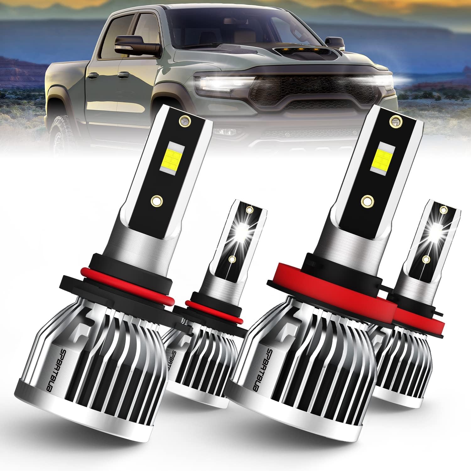 Compatible with 2013-2021 Dodge RAM 1500 2500 3500 Without Projector (2019 2020 2021) led Light Bulbs, 9005/HB3/H10 high Beam + H11/H8/H9 Low Beam Lighting Combo kit, Pack of 4