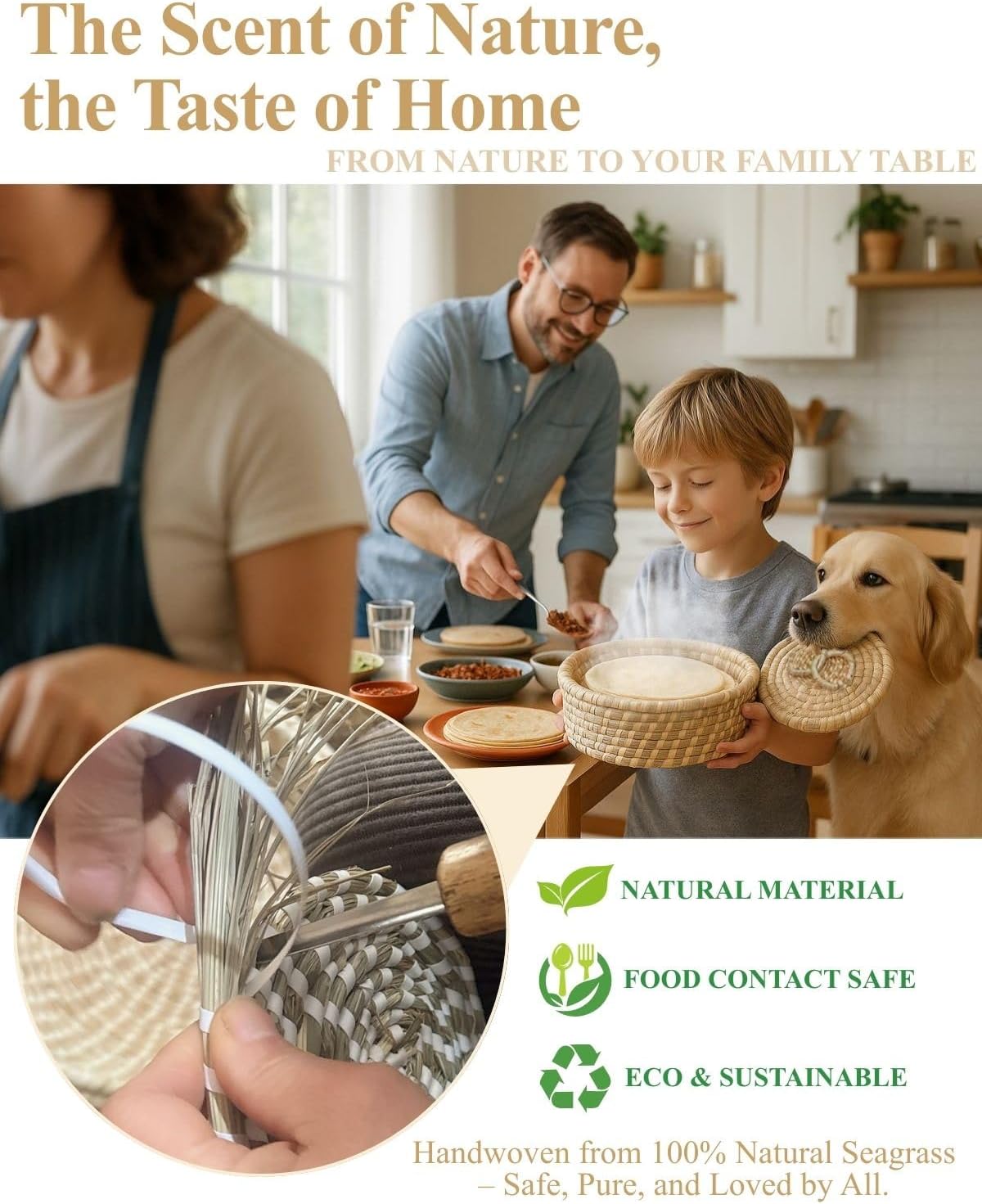 Handwoven Seagrass Tortilla Warmer Basket with Lid, 9.6"Natural Tortilla Holder with 2 Cotton Liners, Boho Farmhouse Style Basket for Tortillas, Roti, Pancake & Flatbread