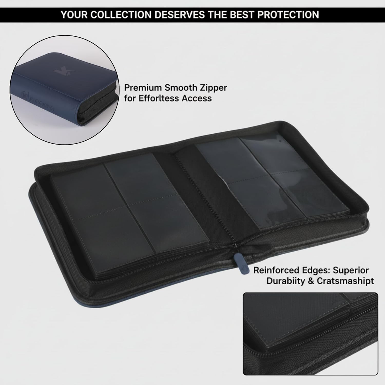 336 Card Binder, 4-Pocket Zipper Binder for Trading Cards, Side Loading Water-Resistant Album for MTG, TCG & Sports Cards (Navy Blue)