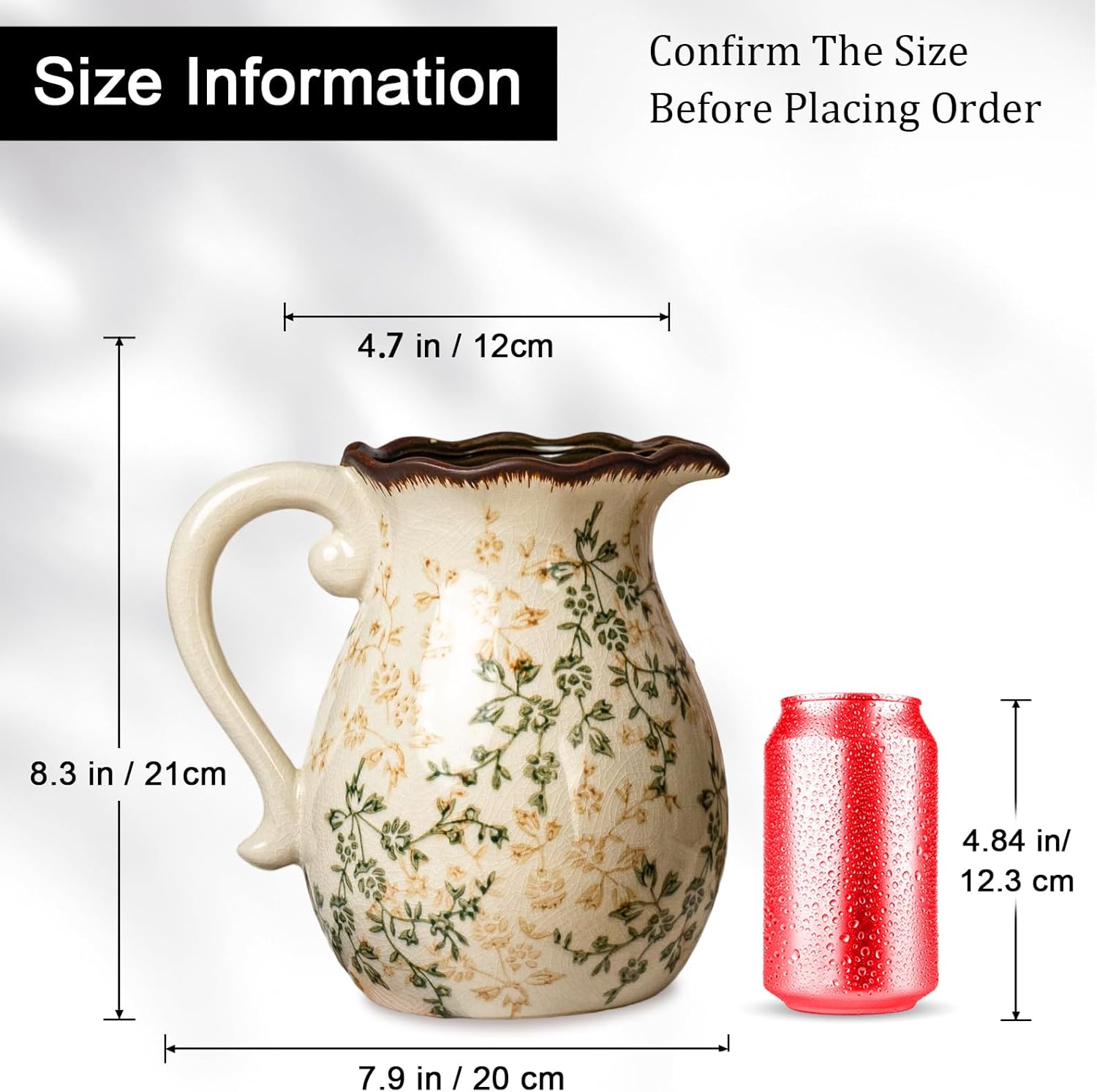 Green and Beige Vintage Vase with Handle, Ceramic Floral Pitcher Vase, Farmhouse Decorative Large Vases for Bouquet, Home Décor, Kitchen, French Country, Chinoiserie, Tuscan Decor, 8.3 Inch - Image 4