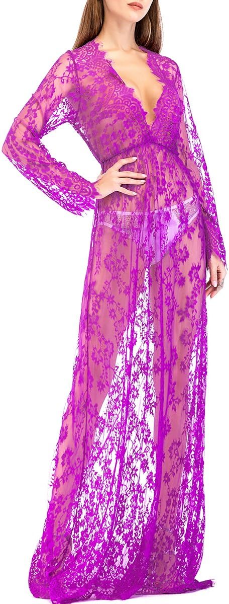 Women Sexy Deep V-Neck Lace Maternity Photography Maxi Dress Purple