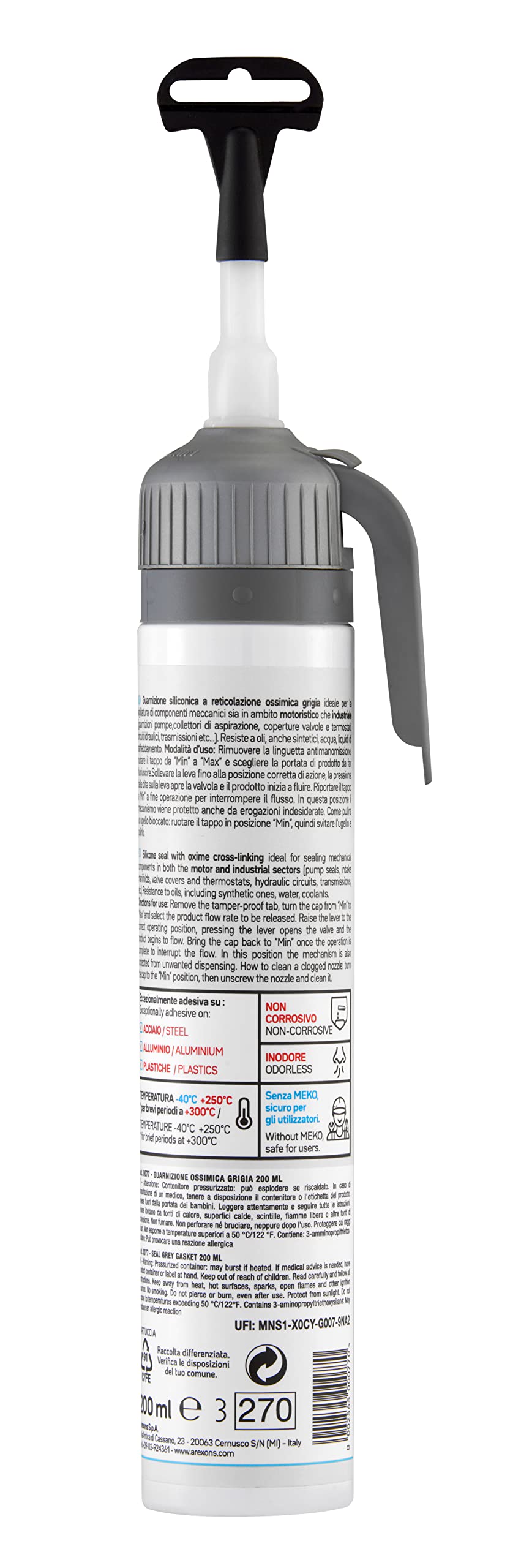AREXONS 0077 Oximic PRO 200 ml, Guarnizione Siliconica Grigia RTV a Reticolazione Ossimica, Silicone per Guarnizioni, Alte Prestazioni, Tecnologia Ossimica MEKO Free Non Corrosiva, transparente