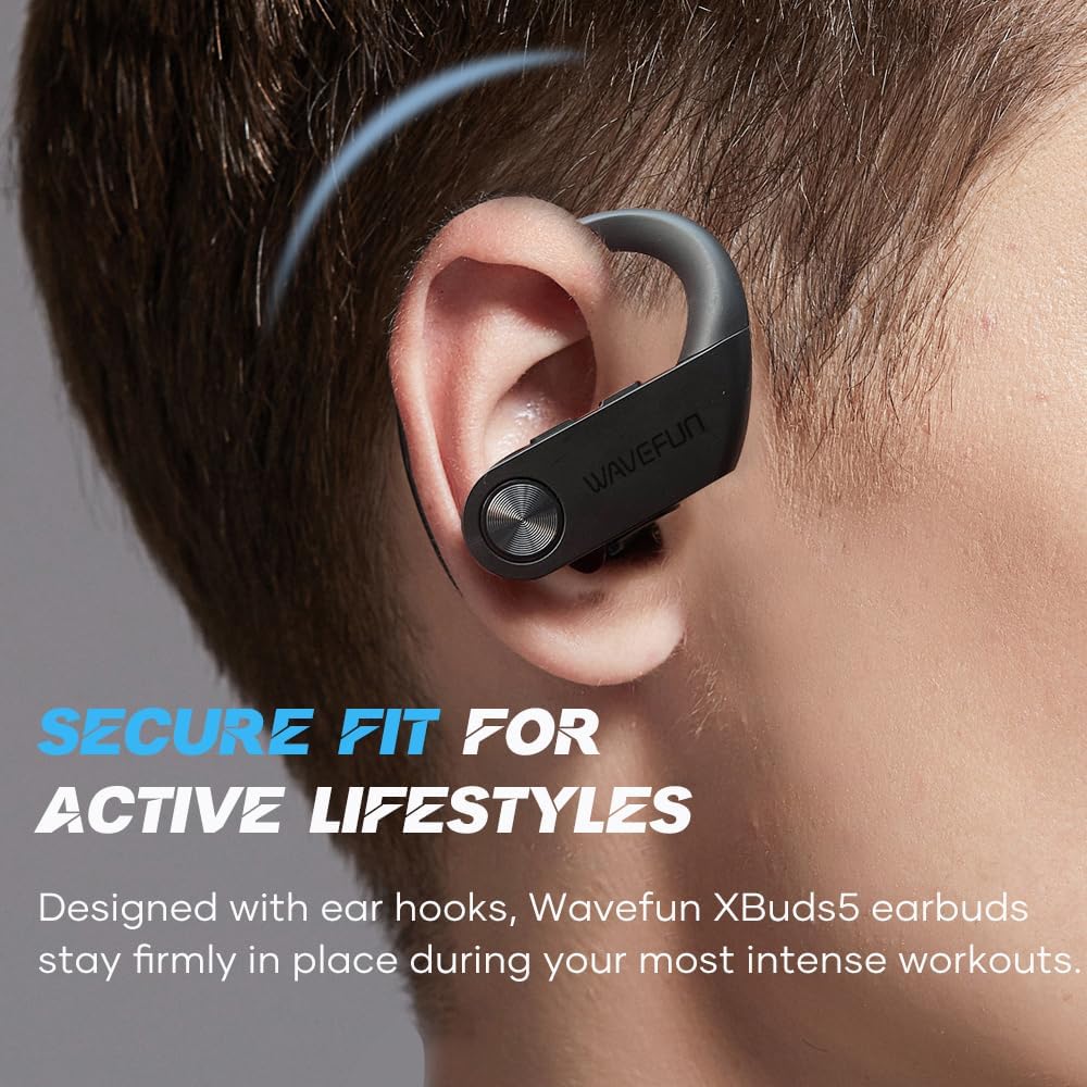 Wireless Headphones with Ear Hook, XBuds 5 Wireless Earbuds Over Ear with 2000mAh Charging Case Sports Workout Headsets Volume Button Super Bass Waterproof Earbuds 10h Music with Mic