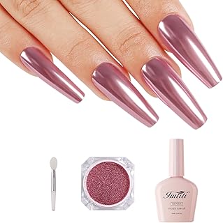 Imtiti Rose Gold Chrome Nail Powder Kit,1g Pink Meatllic Mirror Effect Powder with 10ml White Color Gel Polish Metal Nail UV DIY Kit