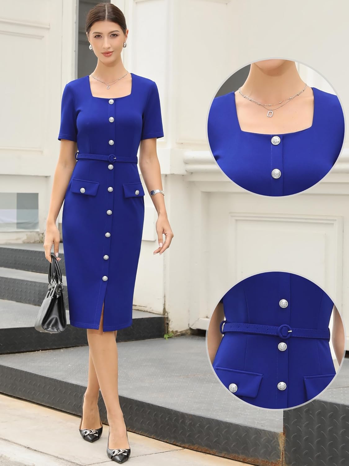 Allegra K Work Dress for Women Short Sleeve Square Neck Button Down Business Bodycon Office Dresses with Belt - Image 4