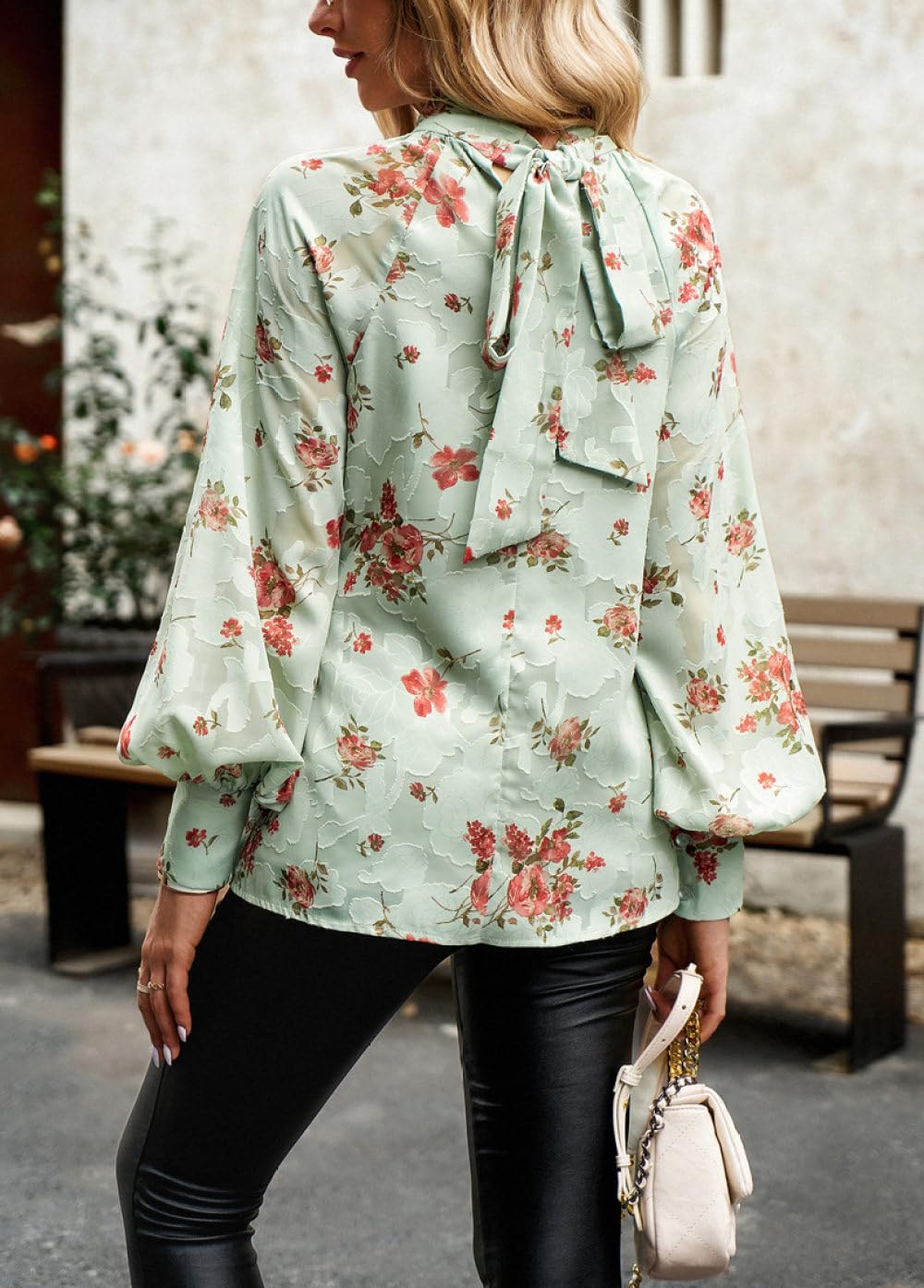 Hemd Damen,Damenbluse, Langärmelige Hemden, Vintage-Stil, Grün, Stehkragen, Krawatte, Blumendruck, Jacquard-Faltenpullover, Elegantes Freizeithemd, Modisches Charm-Top