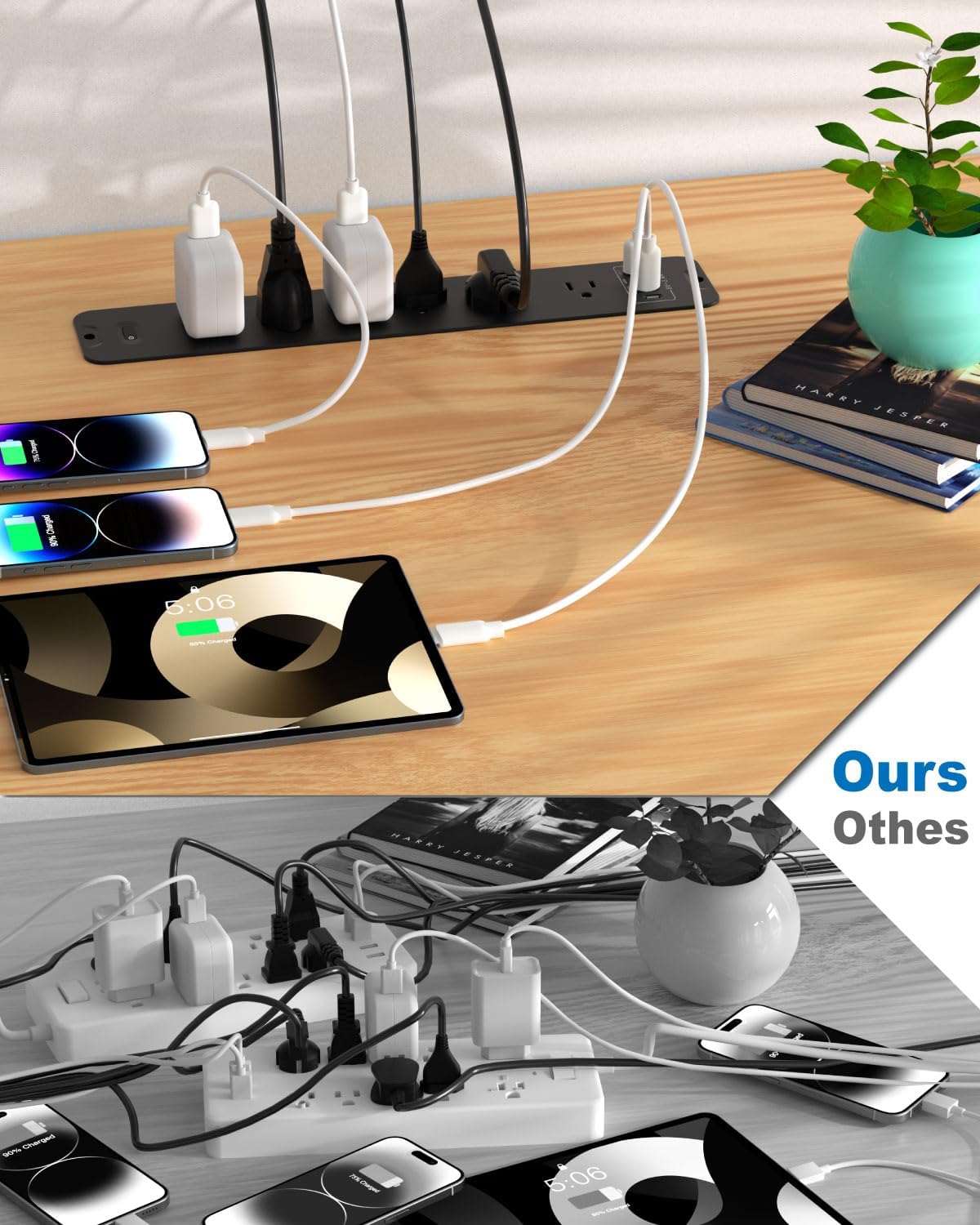 Recessed Power Strip Extension - 10 Outlet Surge Protector with 6 AC - 2 USB-A（18W） and 2 USB-C（PD20W） Ports - Flush Mount Desk Outlet with 6 Feet Cord - for Conference Table (Black)