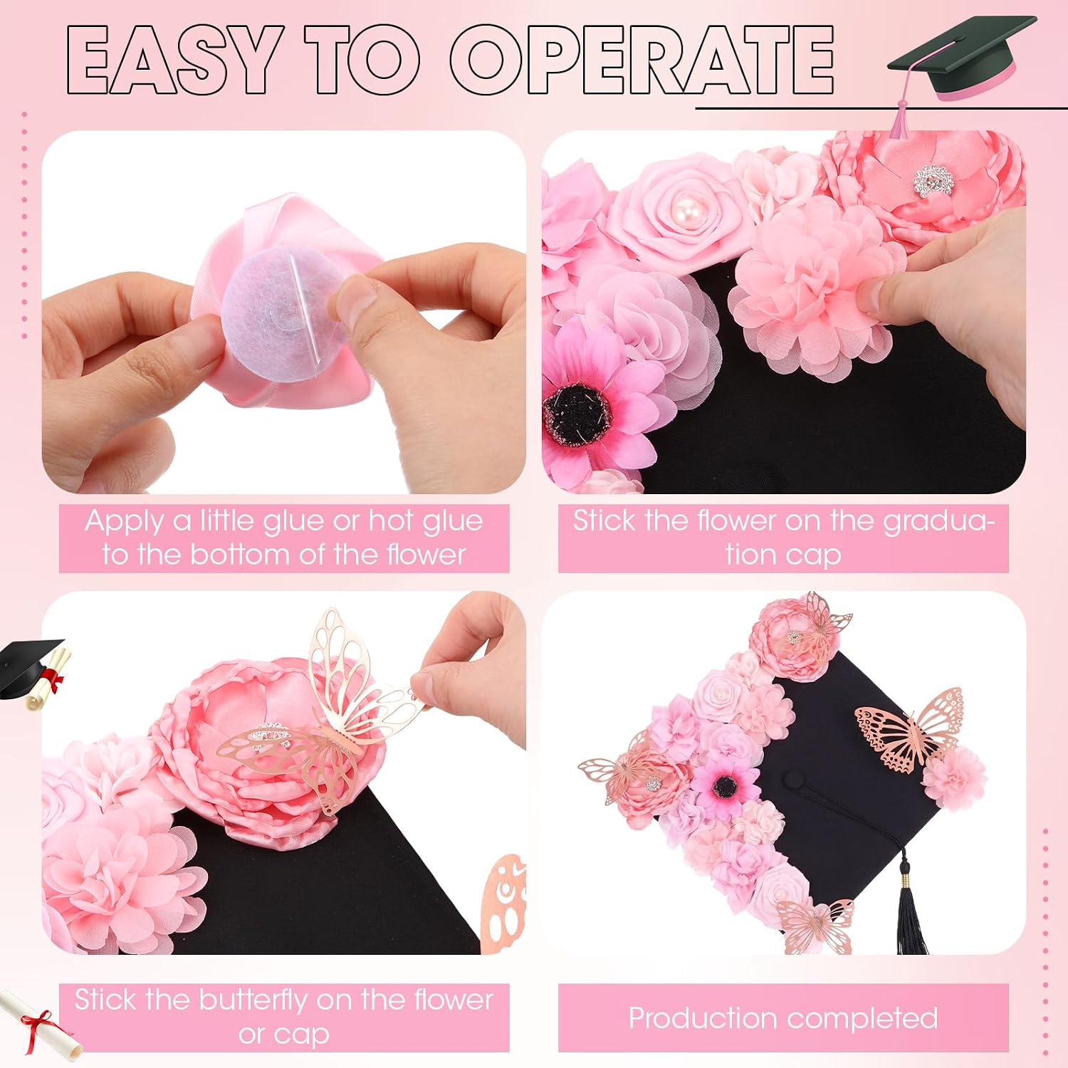 Suncalla 33 Pcs DIY Graduation Cap Decorations Kit Including 21 Faux Flower Heads 12 3D Butterfly Stickers Graduation Accessory for Grad Cap Topper Craft Gift Wedding Decor(Pink Tone)