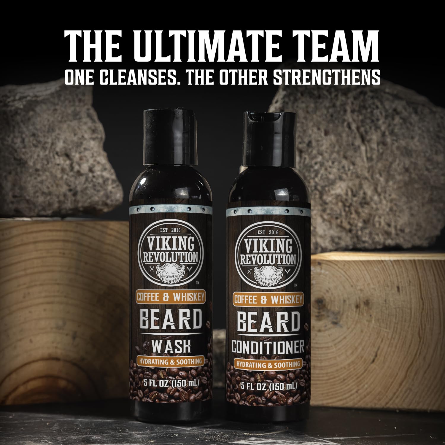 Viking Revolution Ultimate Conditioner for Men's Beard Grooming - Softens, Smoothes and Soothes - Contains Beard Wash and Conditioner (5oz Set), Beard Oil, Balm and Wooden Comb - Coffee Whiskey Scent