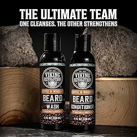 Viking Revolution Ultimate Conditioner for Men\'s Beard Grooming - Softens, Smoothes and Soothes - Contains Beard Wash and Conditioner (5oz Set), Beard Oil, Balm and Wooden Comb - Coffee Whiskey Scent