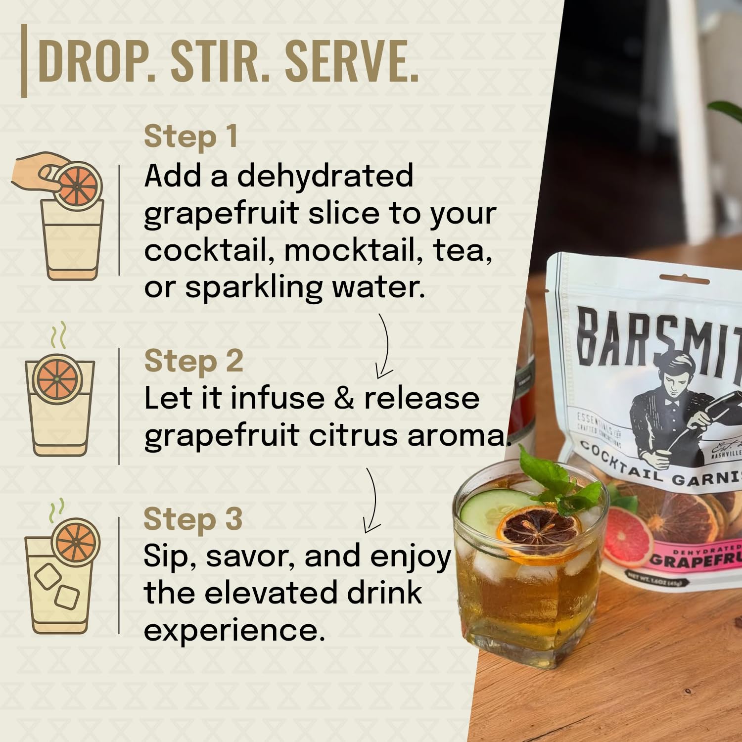 Barsmith Dehydrated Grapefruit, Made with 100% Real Grapefruit, Burst of Citrus Flavor, Perfect for Mocktail, Cocktail Garnish & Culinary Dishes, Ideal for Home & Bar Use, 1.6 oz