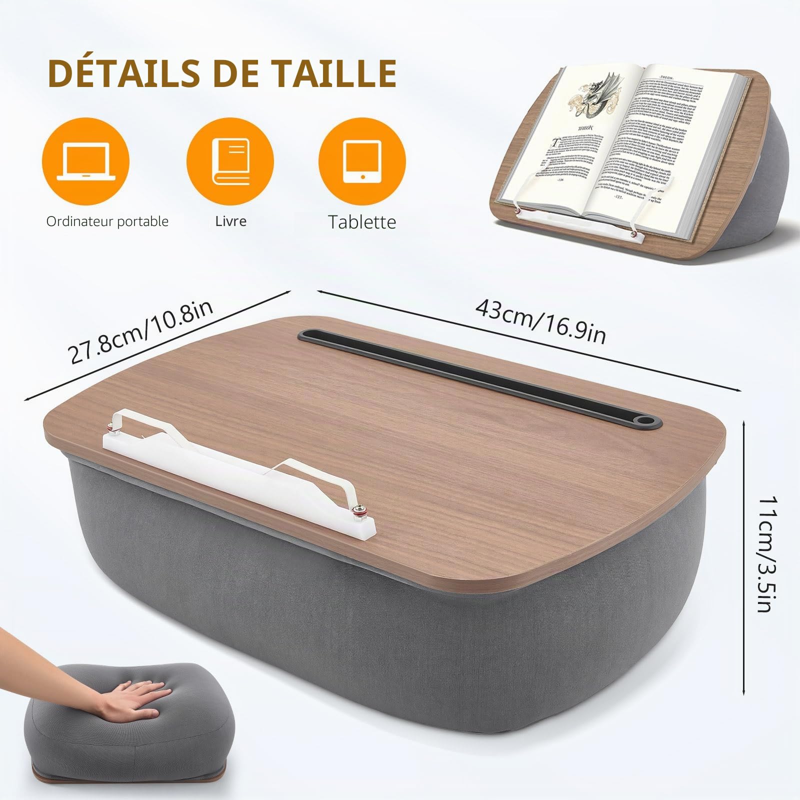 Pouf, support de livre et coussin de lecture – Lecture mains libres sur canapé, lit et bureau, pour livres, liseuse, tablette et ordinateur portable, cadeau pour les amateurs de livres (gris)