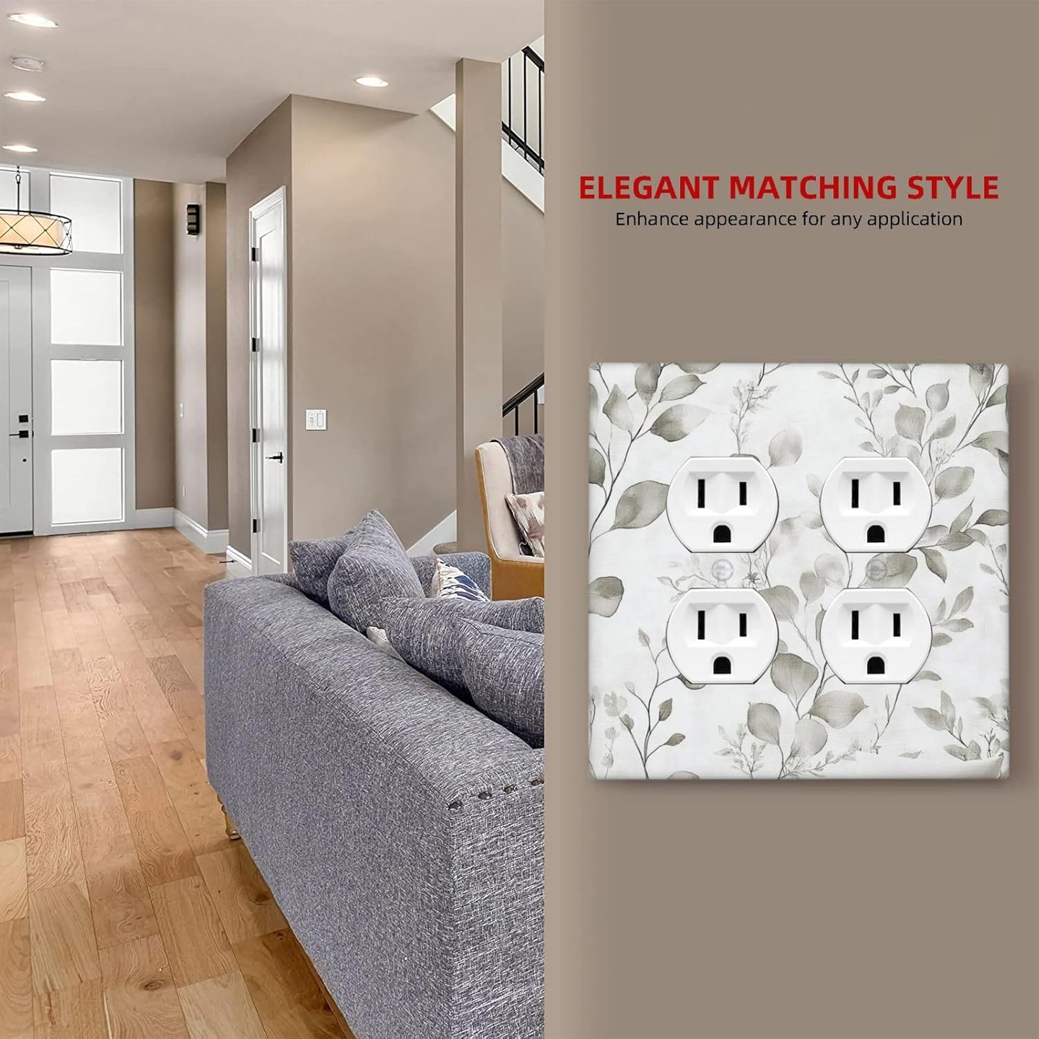 Outlet Covers Grey Floral Boho Eucalyptus Leaf 2 Gang Double Duplex Decorative Light Switch Covers Electrical Wallplates Socket Faceplate For Farmhouse Home Decor