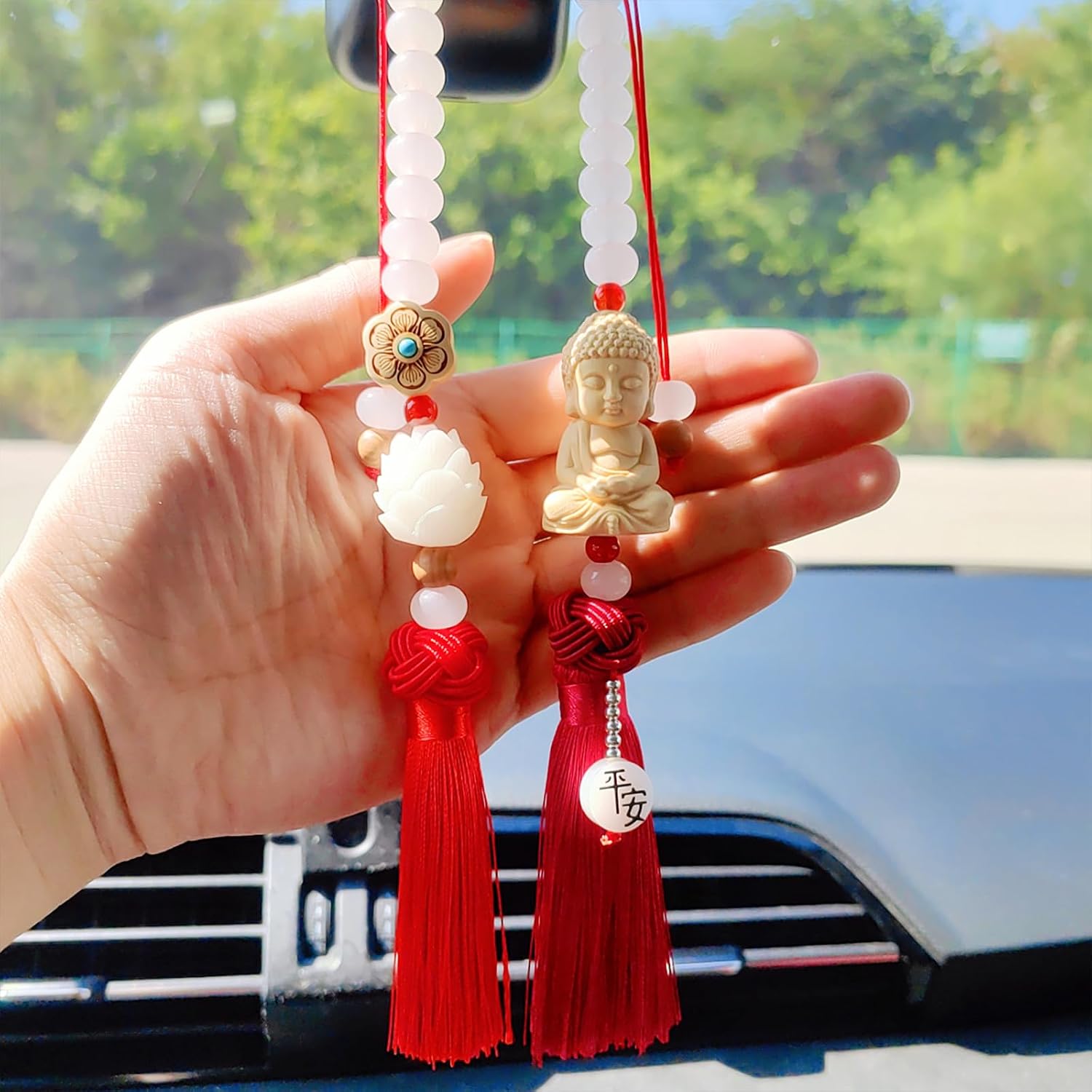 Buddha Rear View Mirror Accessories Hanging Charms, The Bodhisattva of Compassion with Tassels Car Hanging Ornament, Cute Car Accessories for Women/Men, Fo Bao Ping an