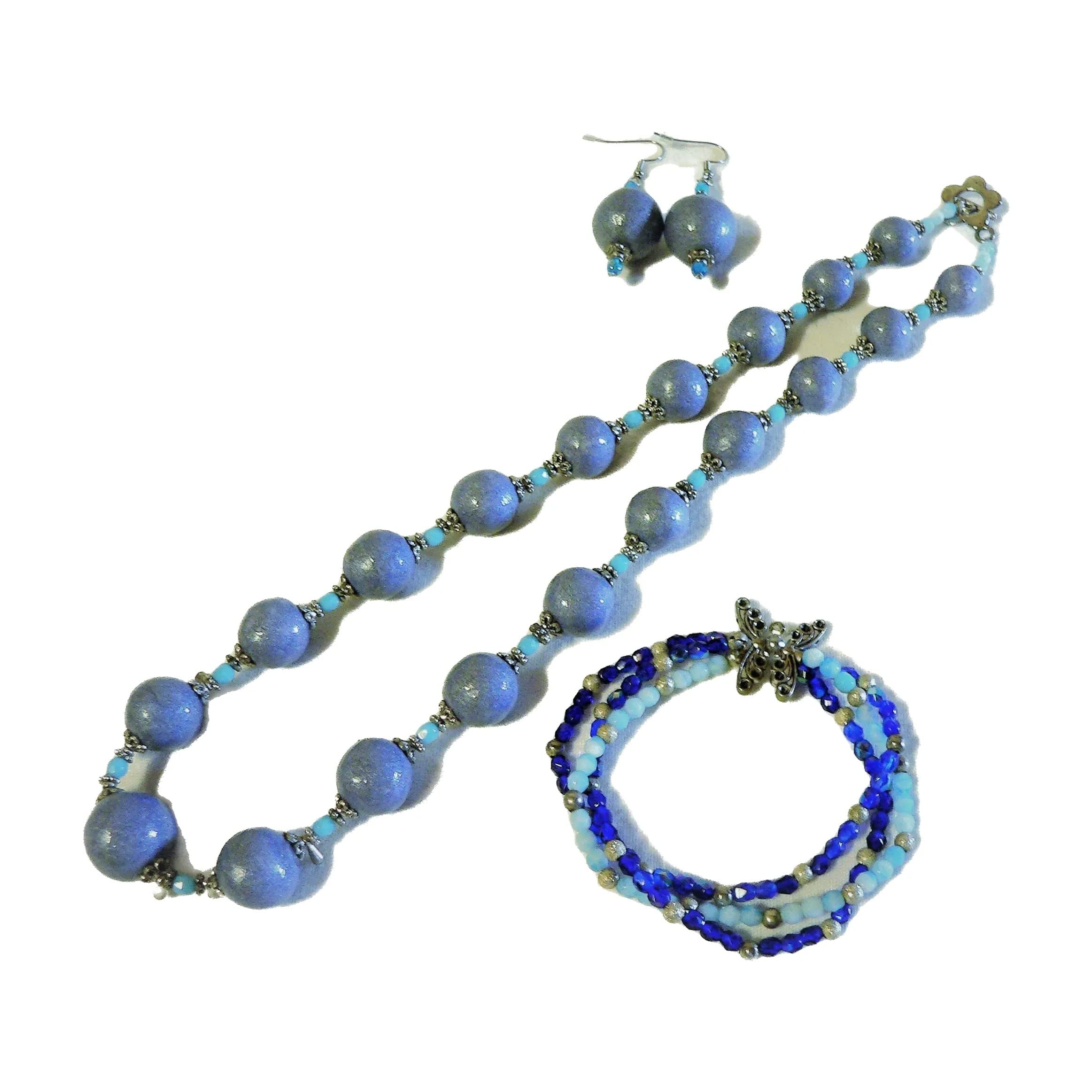 Gioielli: collana, bracciale e orecchini, perline in ceramica, colore blu personalizzato,"Nuvoloso"