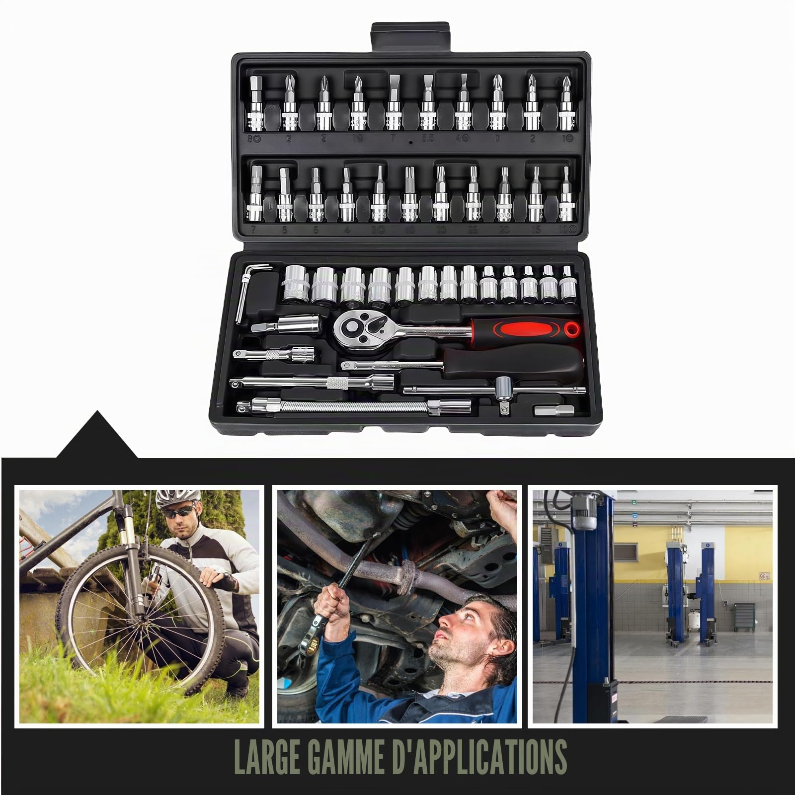 Coffret de clés à cliquet 46 pièces Petit : Cliquet à changement rapide à serrage rapide, clés à douille en acier Cr-V avec cliquet à changement rapide de 6,35 mm, jeu de douilles, pour