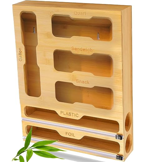 Wall Mount Ziplock Bag + Foil & Plastic Wrap Organizer - Premium Bamboo Organizer for Ziplock Bags, Foil & Plastic Wrap Dispenser | Kitchen Organization & Storage | 12" X 2.125" Standard Rolls only