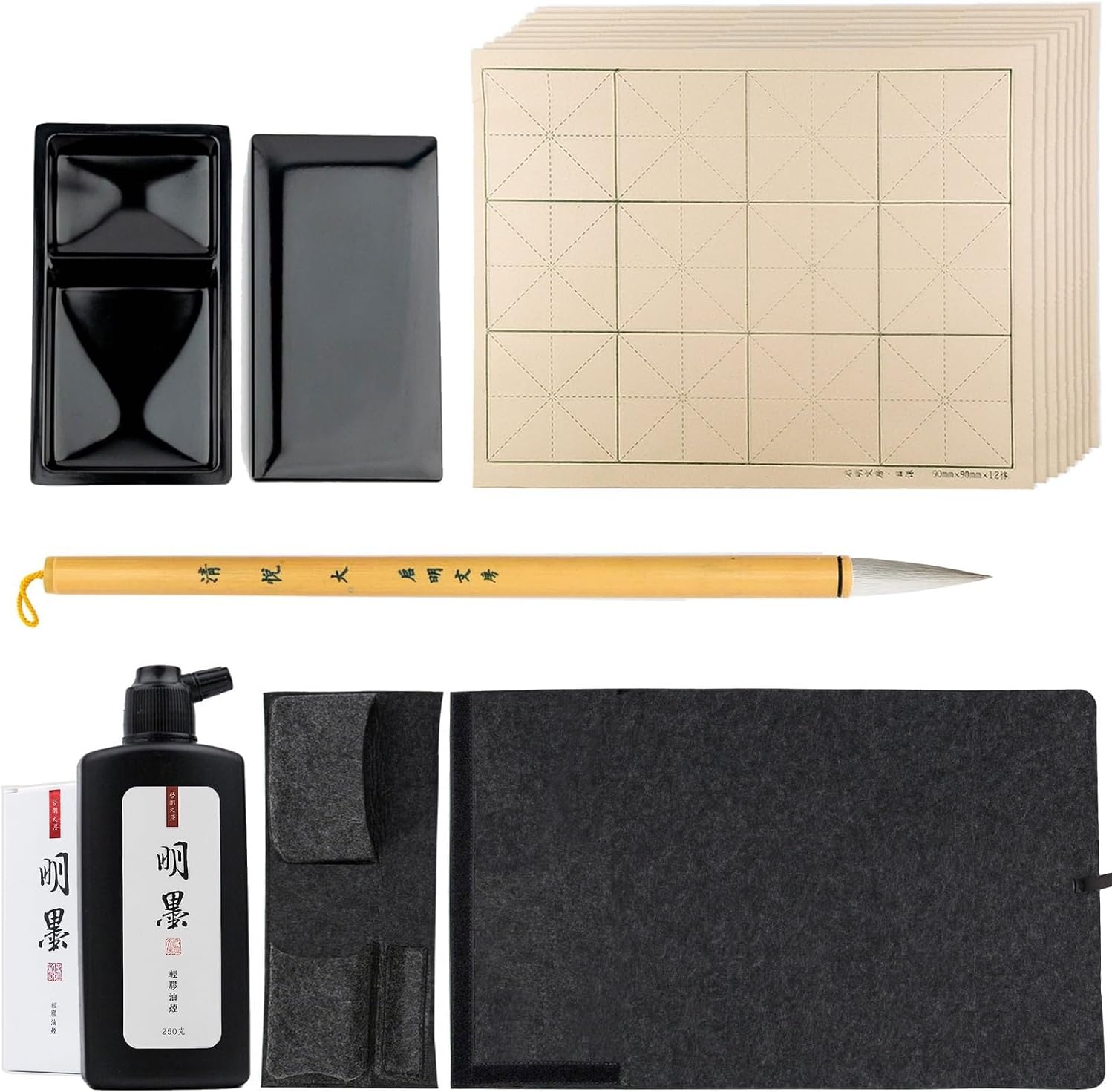 Professional Chinese Calligraphy Set, Calligraphy Brush, 250ml Light-Glue Ink, 50pc Paper, Inkstone, Gift for Lunar New Year Chinese Gift Set Sumi set with Portable Felt Mat (5pcs Set)