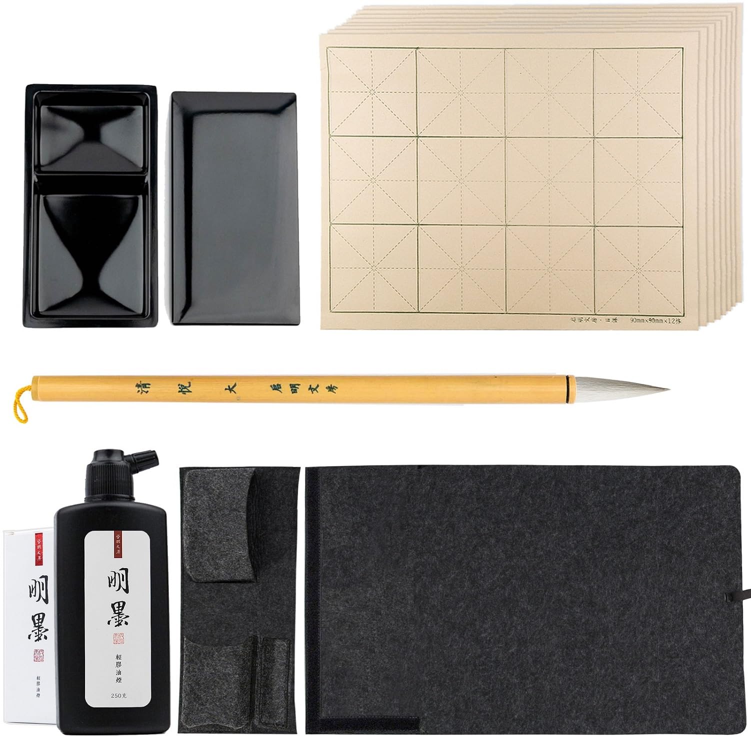 Professional Chinese Calligraphy Set, Extra fine Calligraphy Brush, 250ml Light-Glue Ink, 50pc Paper, Ink stone, Chinese brush set Gift Set Sumi set with Portable Roll-up Felt Mat (5pcs Set)