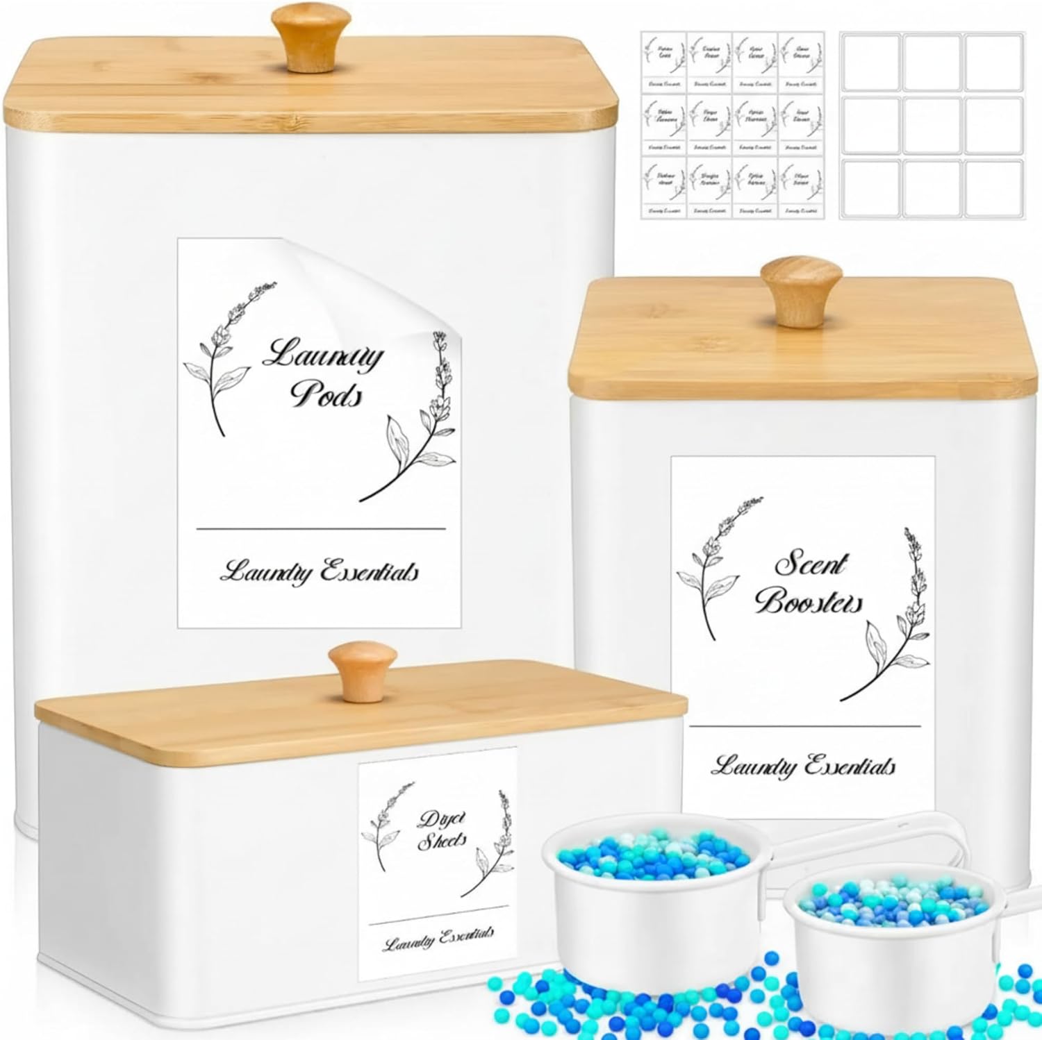 Vesici 3 Pcs Metal Laundry Pod Container 2 Pcs Scoops Dryer Sheet Holder Laundry Room Organizer Storage Jar with Airtight Wood Lid Label for Powder Detergent Dispenser Dryer Ball Bead Room Decor