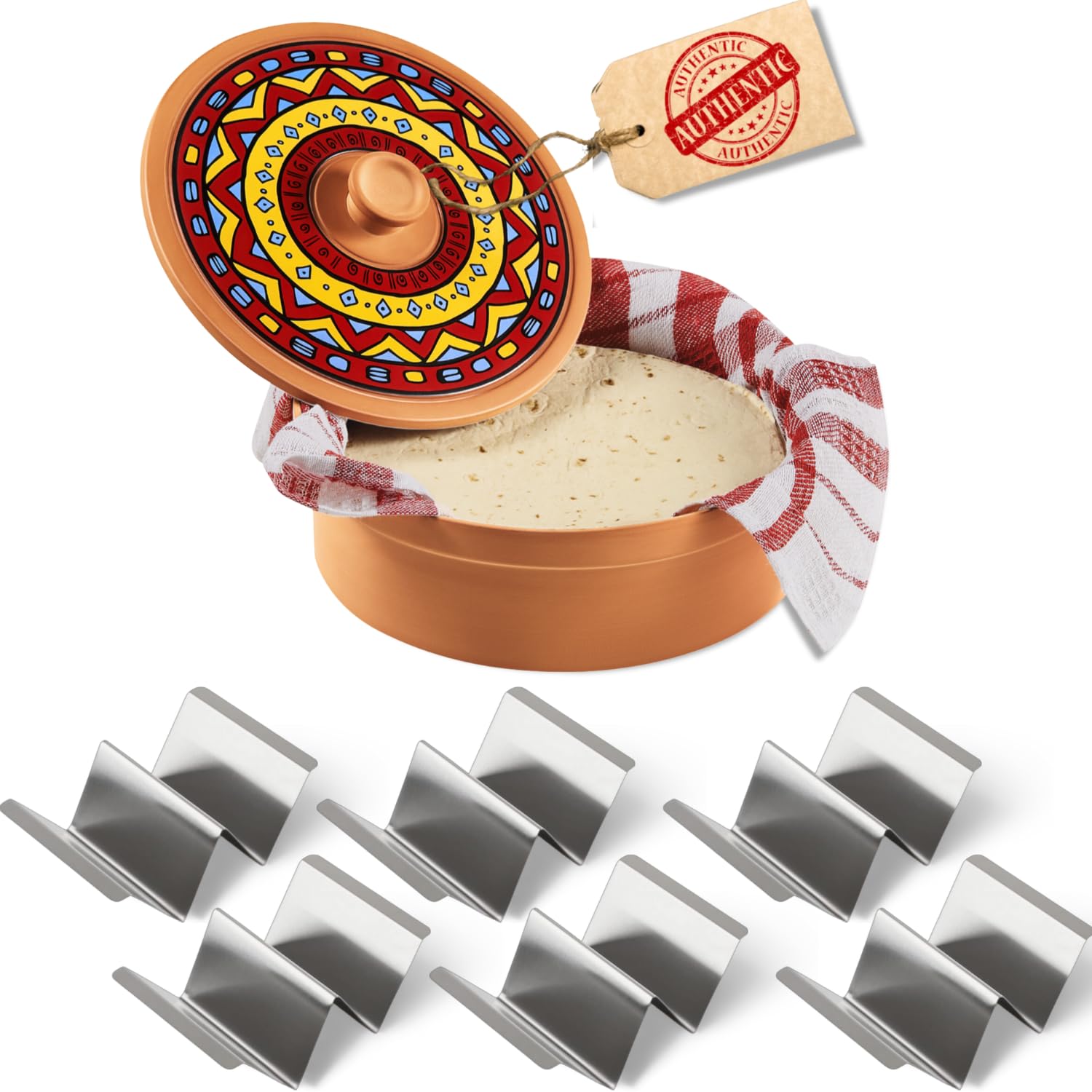 Large Tortilla Warmer w Taco Holder Set of 6 Stainless Steel, Taco Bar Serving Set for A Party - Taco Party Supplies Taco Kit, Taco Night Accessories Essential Bundle - Complete Taco Tuesday Solution
