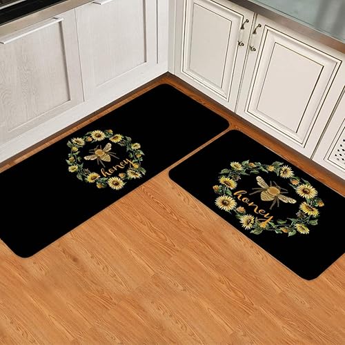 Juego de 2 tapetes de cocina acolchados antifatiga con diseño de abeja, antideslizantes, impermeables, tapete de cocina de pie con diseño de
