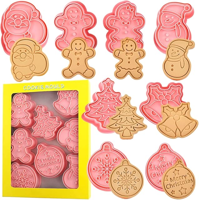 Crethink Christmas Cookie Cutters and Stamps, 8pcs 3D Pressable Christmas Cookie Cutter Set- Gingerbread Man, Christmas Tree, Snowman,Santa,Bells,Snowflake,Merry Christmas