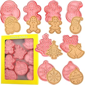 Crethankaty 8pc 3D Pressable Cookie Cutter Set - Gingerbread Man, Tree, Snowman, Santa, Bells, Snowflake
