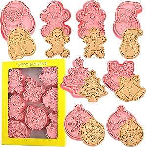Crethinkaty Christmas Cookie Cutter Set, 8pcs 3D Pressable Christmas Cookie Cutters and Stamps- Gingerbread Man, Christmas Tree, Snowman,Santa,Bells,Snowflake,Merry Christmas