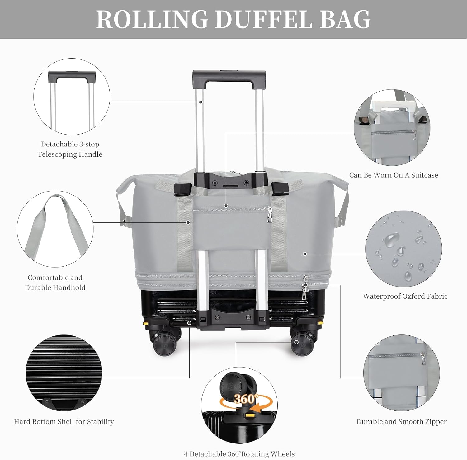 Rolling Duffel Bag with Detachable Wheels & Handle,Expandable Foldable Travel Duffle Bag,Carry on Luggage Large Tote Bag for Gym Overnight Weenkend Trip(Grey)