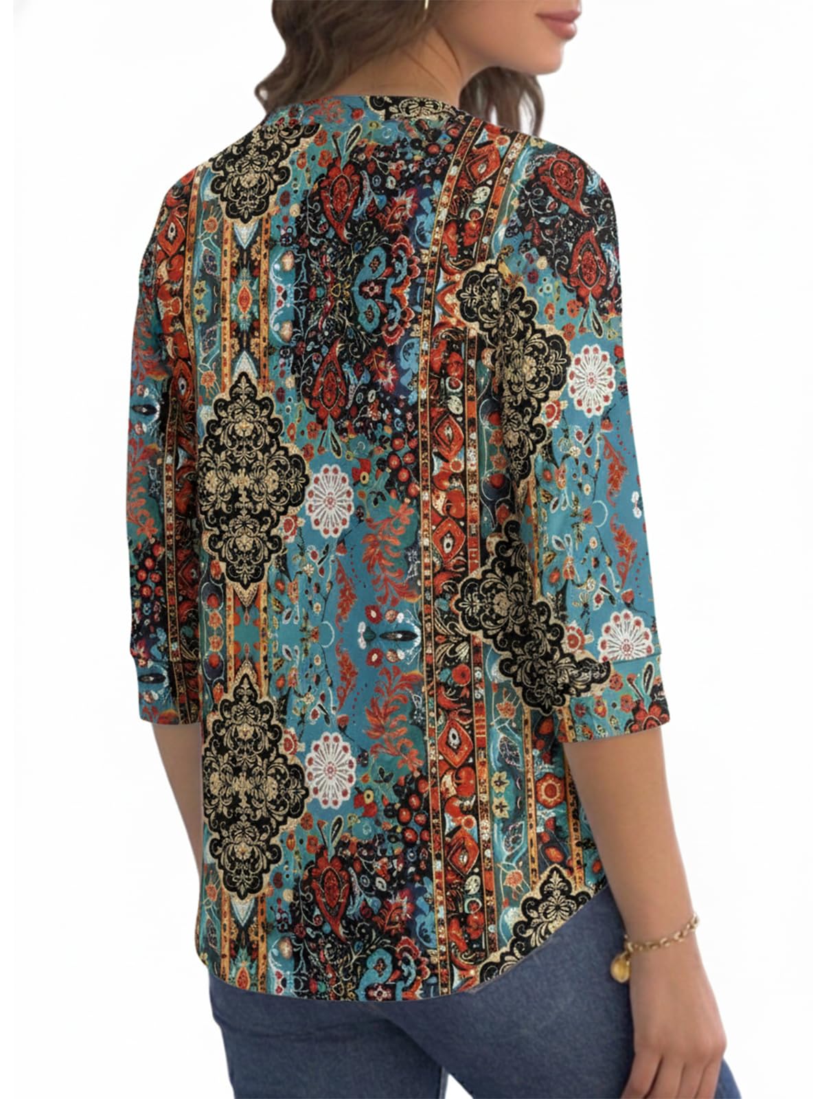 Cuptacc Tee Shirt Femme Manche 3/4 Henley Boutonné Col en V Chemisier Femme Chic et Élégant Top Habillée Haut Ete Léger Tunique