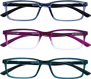 OPULIZE See Reading Glasses 3 Packs with Blue Light Blocking Narrow Frame Spring Hinges Improve Sleep Computer Gaming Transparent Blue Purple Turquoise Mens Womens BBB9-35Q +1.50
