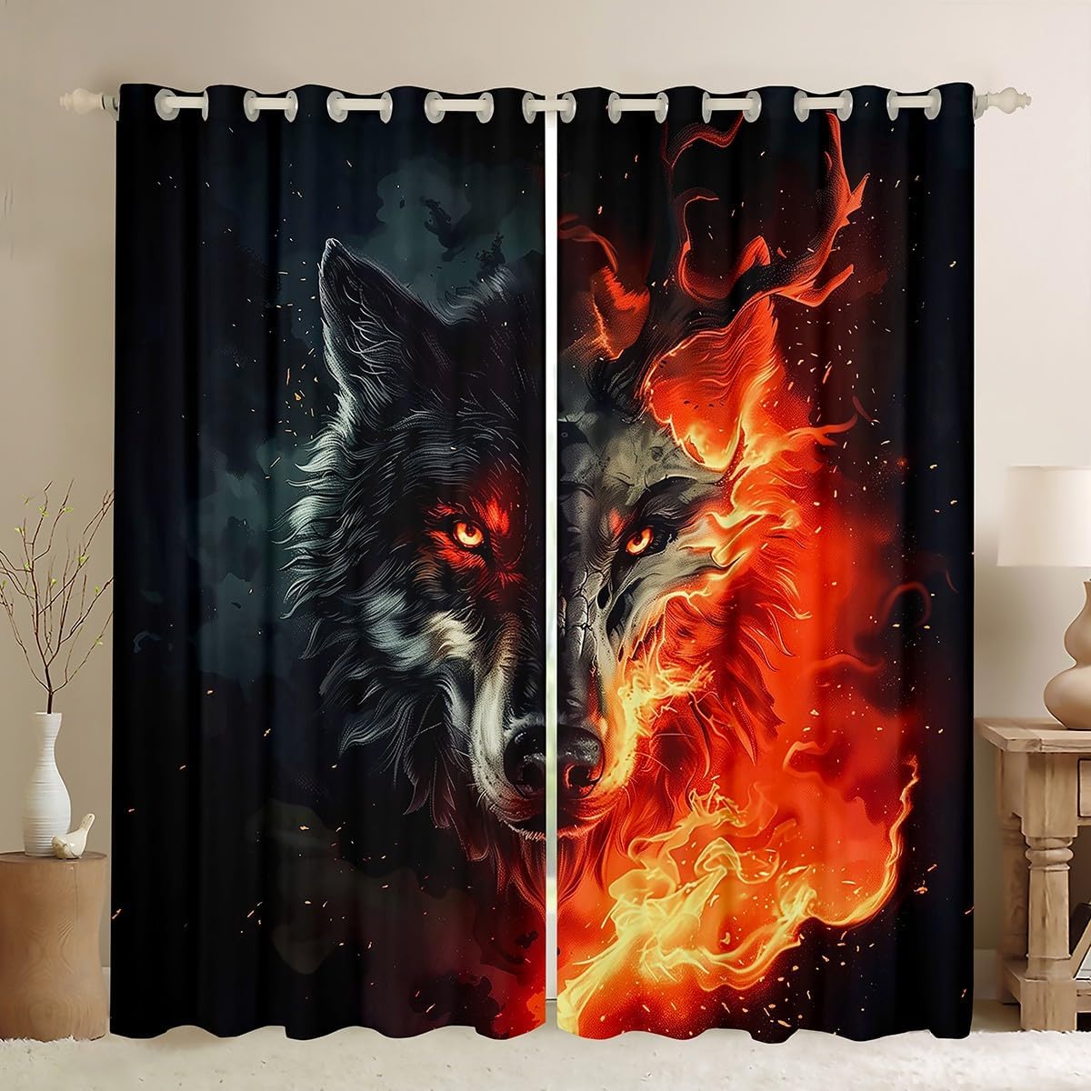 Castle Fairy Gothic Wolf Window Curtains Abstract Hunting Elk Animal Darkening Blackout Curtains 3D Burning Flame Window Treatments Safari Wildlife Grommet Top 2 Panel Set Drapes,38Wx45L