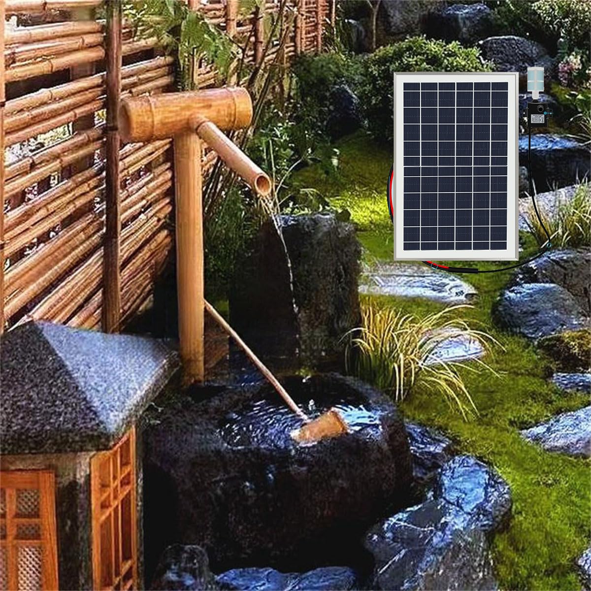 Fontana Solare in bambù per Interni/Esterni, Fontana in bambù con Pompa e Pannello Solare, Decorazione da Giardino Zen Giapponese, Decorazione da Giardino Feng Shui per Esterni,90cm